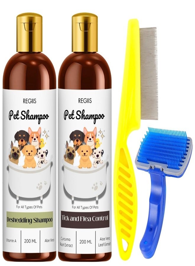 REGIIS Pet Shampoo Set, Deshedding and Tick and Flea Control Formula, 200 ML Each, with Self-Cleaning Pet Brush and Flea Comb, for All Types of Pets - Image 1